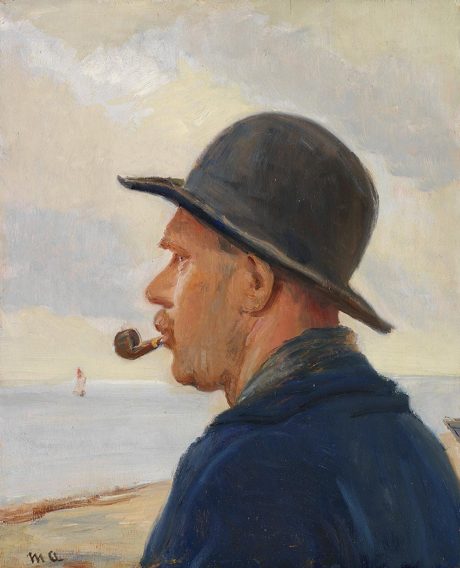 Un homme avec une pipe et un chapeau de feutre sur la plage de Skagen. - Michael Peter Ancher