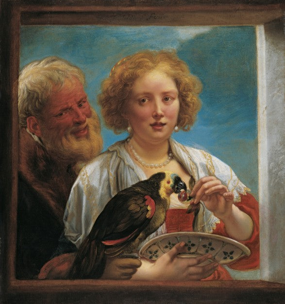 Un homme barbu et une femme donnent des cerises à un perroquet - Jacob Jordaens