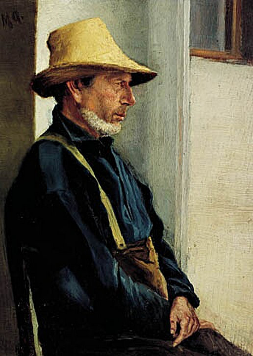Un homme de Skagen, vêtu d'une chemise bleue et portant un chapeau jaune. - Michael Peter Ancher