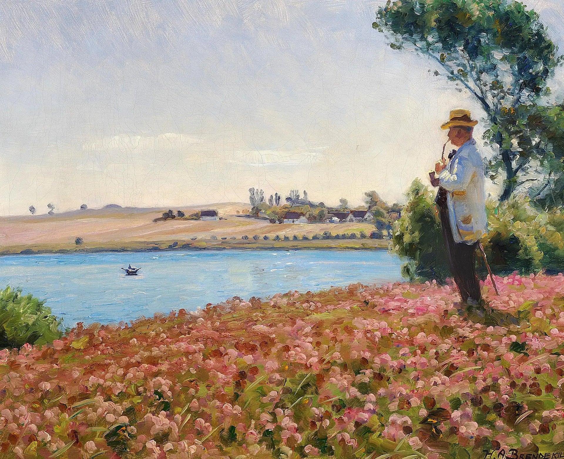 Un homme en blouse blanche profite de la vue sur une crique. - H. A. Brendekilde image 1 reproduction réalisée par Alpha Reproduction