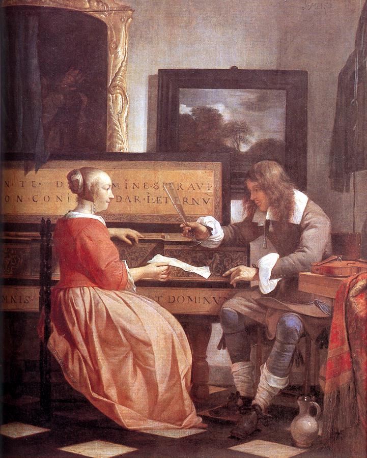 Un homme et une femme assis près d'un virginal - Gabriel Metsu image 1 reproduction de peinture à l’huile