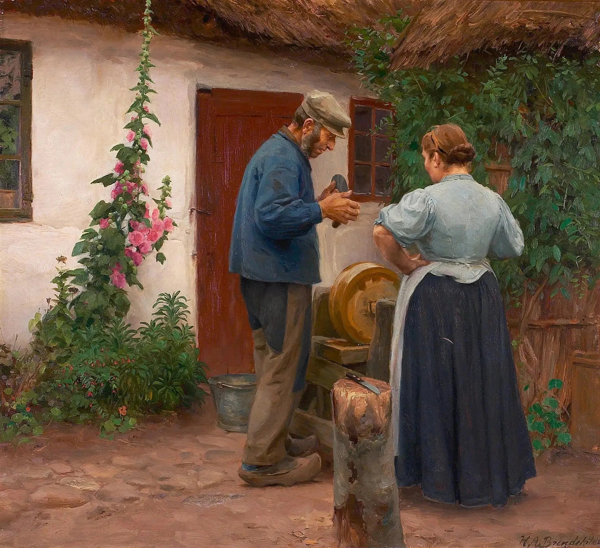 Un homme et une femme devant une pierre à aiguiser. - H. A. Brendekilde image 1 reproduction artisanale de tableau