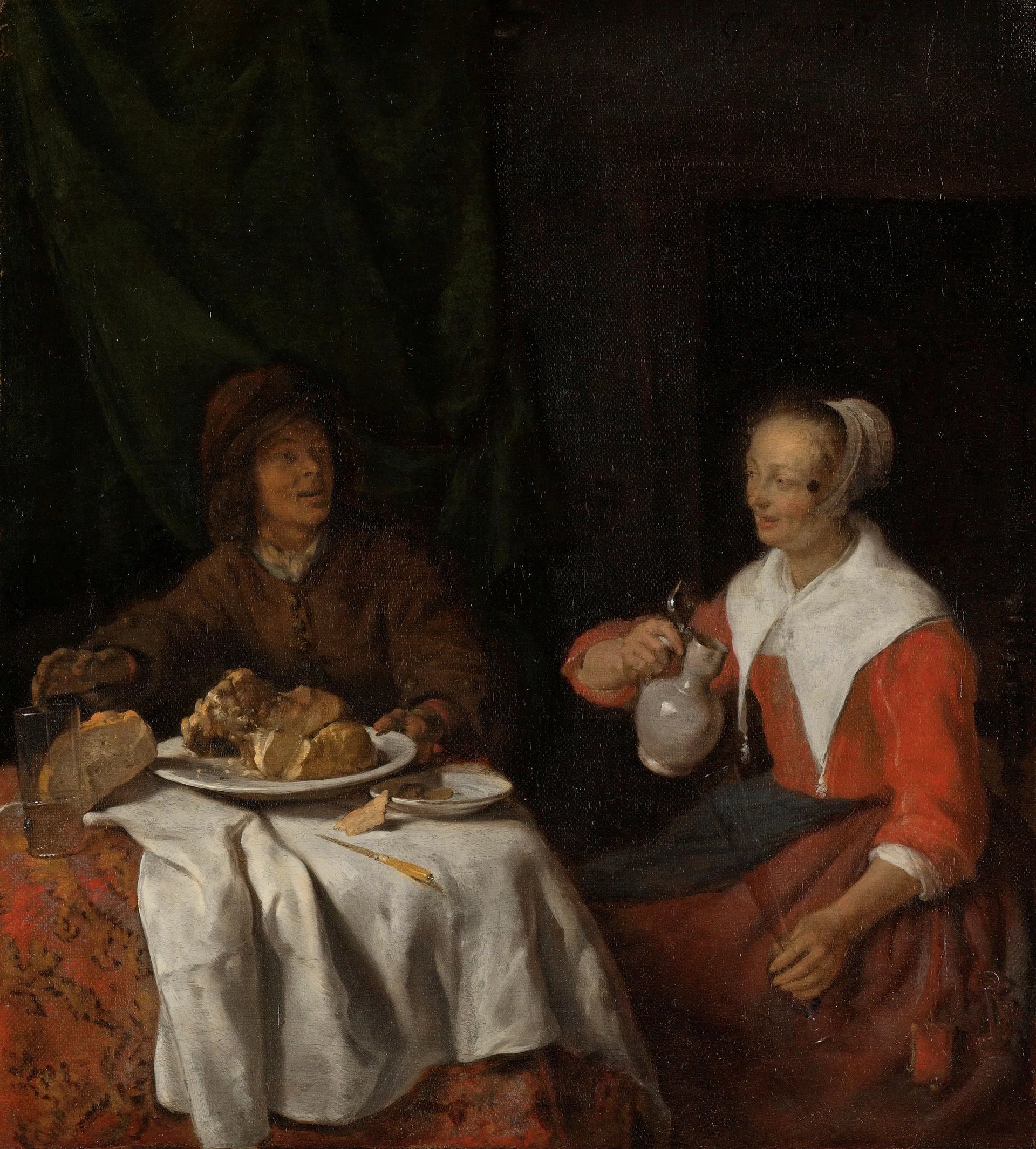 Un homme et une femme partagent un repas - Gabriel Metsu image 1 reproduction artisanale de tableau
