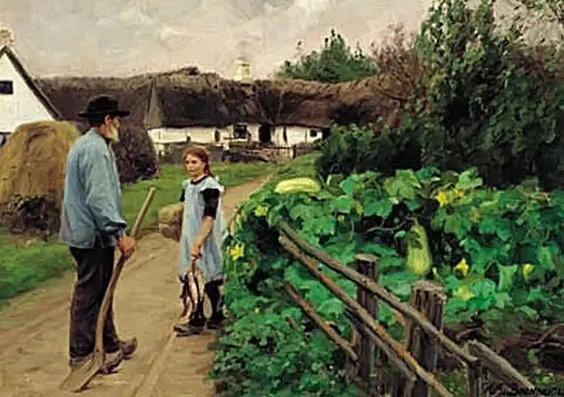 Un homme et une fille discutent sur une route. - H. A. Brendekilde image 1 copie de tableau peinte à la main