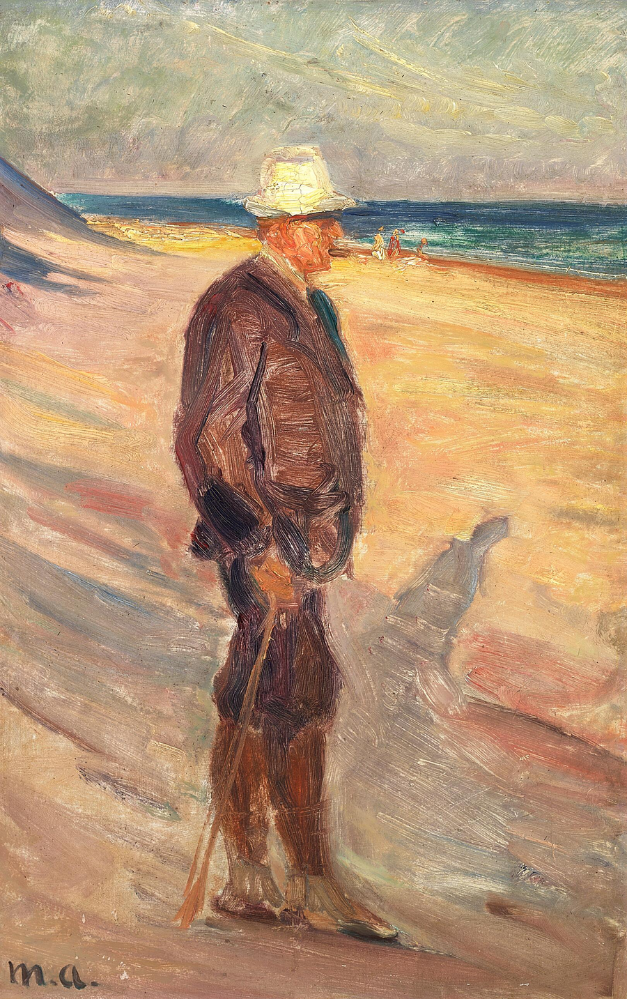Un homme portant un chapeau blanc et muni d'une canne sur la plage de Skagen. - Michael Peter Ancher