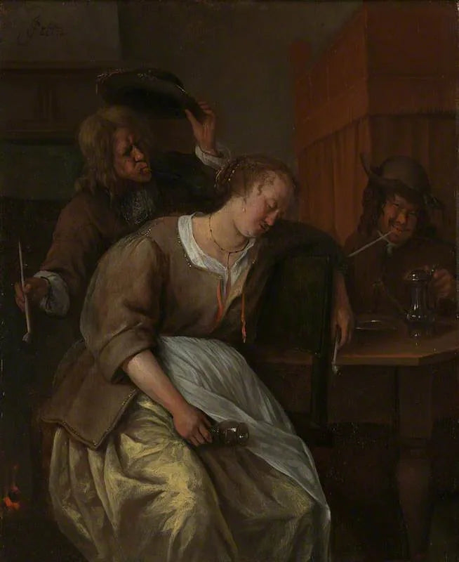 Un homme souffle de la fumée sur une femme ivre - Jan Steen