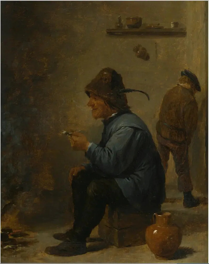 Un homme tenant une pipe assis devant un feu dans une taverne, un homme urinant dans un coin - David Teniers le Jeune