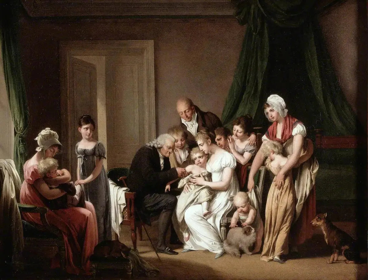 Un homme vaccine un jeune enfant tenu par sa mère, sous le regard d'autres membres de la famille - Louis-Léopold Boilly image 1 copie de tableau peinte à la main