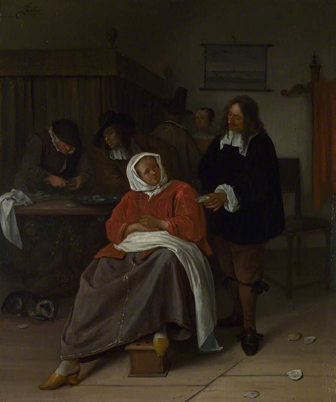 Un intérieur avec un homme offrant une huître à une femme - Jan Steen