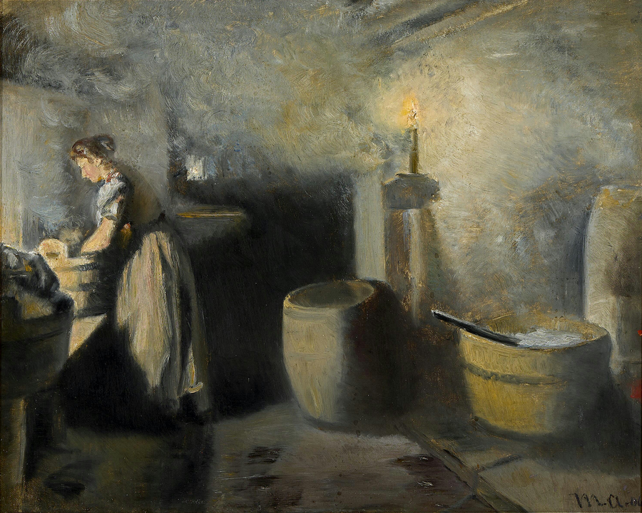 Un intérieur avec une femme lavant du linge à la lueur des bougies. - Michael Peter Ancher