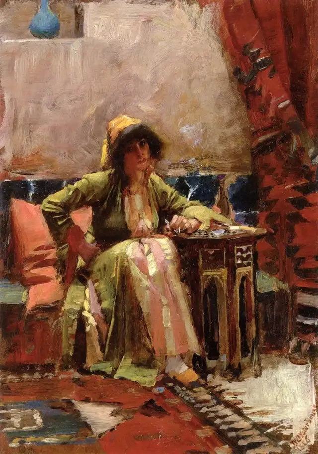 Un intérieur oriental avec une fille assise - John William Waterhouse image 1 reproduction de peinture à l’huile