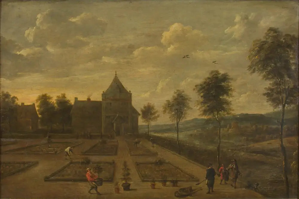 Un jardin devant une maison de campagne - David Teniers le Jeune image 1 reproduction artisanale de tableau