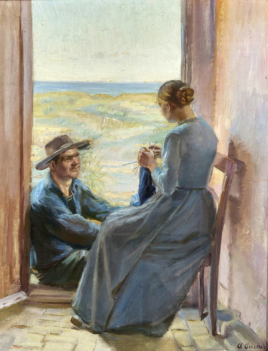 Un jeune couple de Skagen assis dans l'embrasure d'une porte avec vue sur la plage et la mer. - Anna Ancher