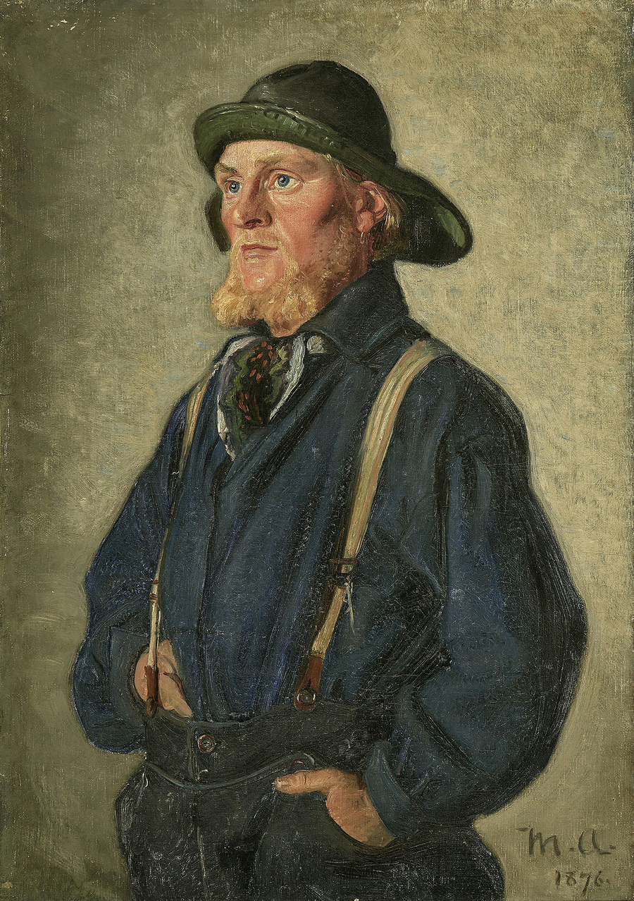 Un jeune pêcheur debout, coiffé d'un ciré vert. - Michael Peter Ancher