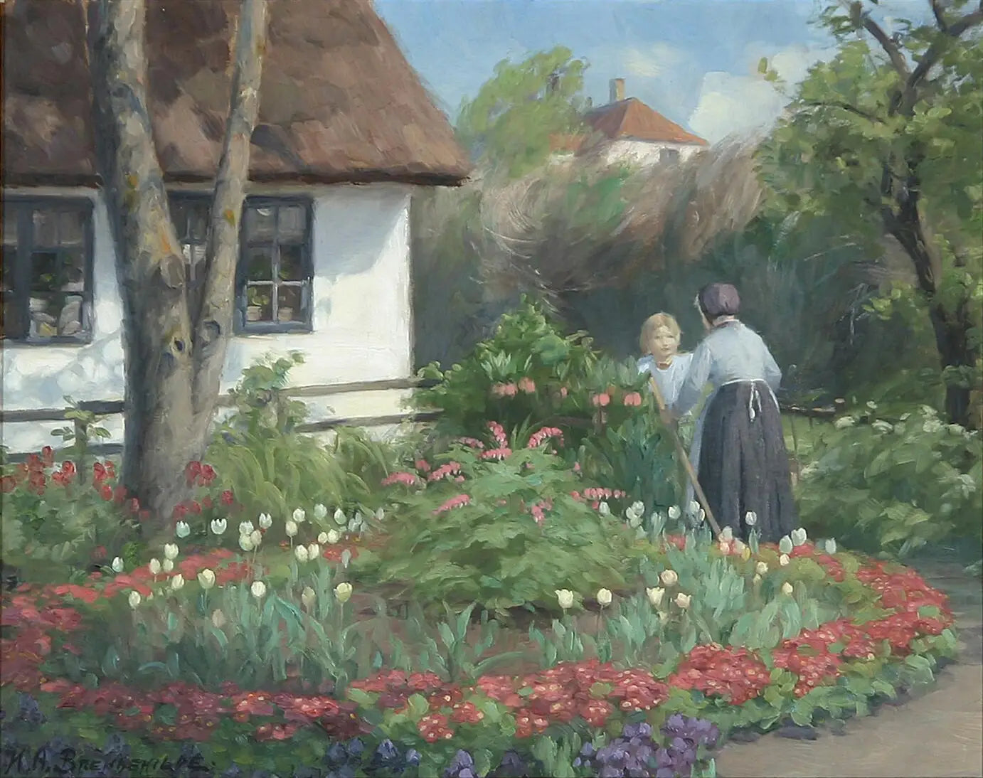 Un jour d'été au jardin. Deux femmes discutent devant le portail. - H. A. Brendekilde image 1 reproduction d’œuvre d’art à l’huile