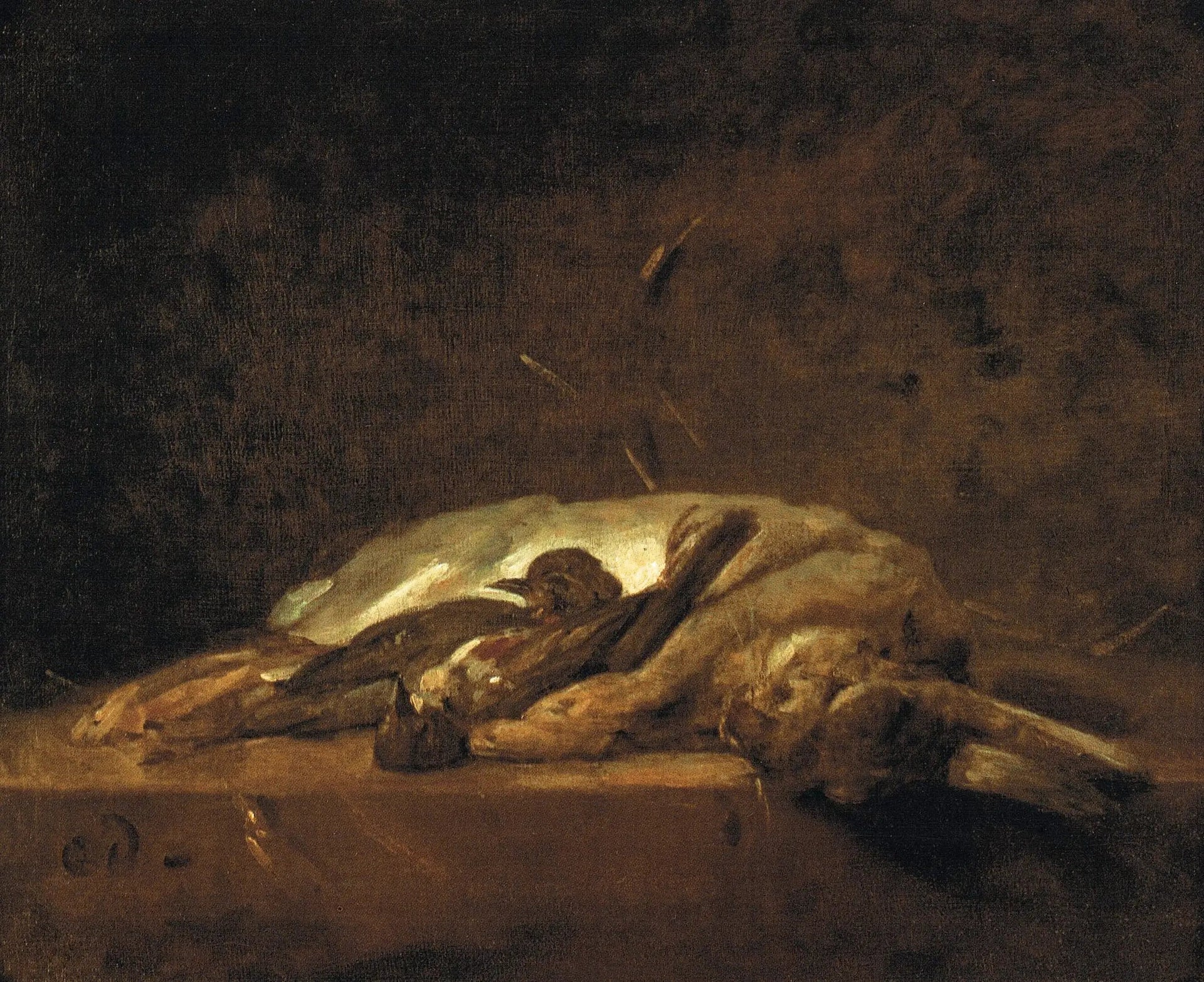 Un lapin, deux grives mortes et quelques brins de paille sur une table de pierre - Jean Siméon Chardin image 1 copie peinte à la main à l’huile