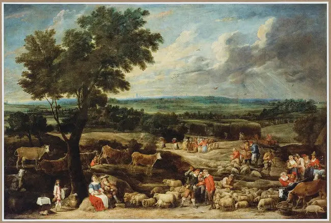 Un marché aux bestiaux dans un vaste paysage avec Anvers au loin - David Teniers le Jeune image 1 reproduction de peinture à l’huile