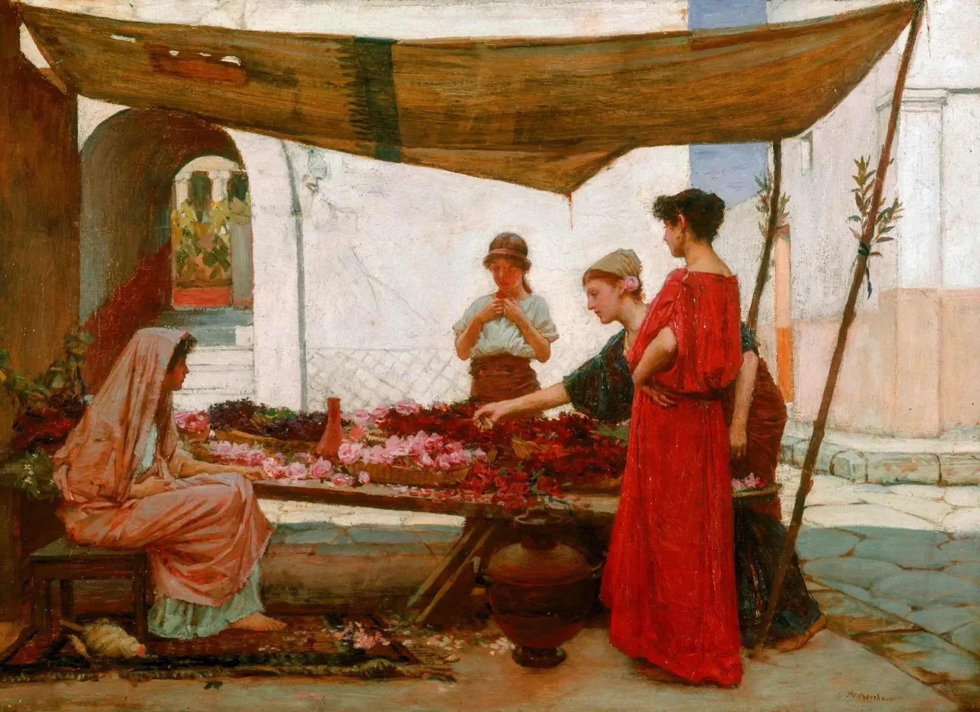 Un marché aux fleurs grec - John William Waterhouse image 1 reproduction artisanale de tableau