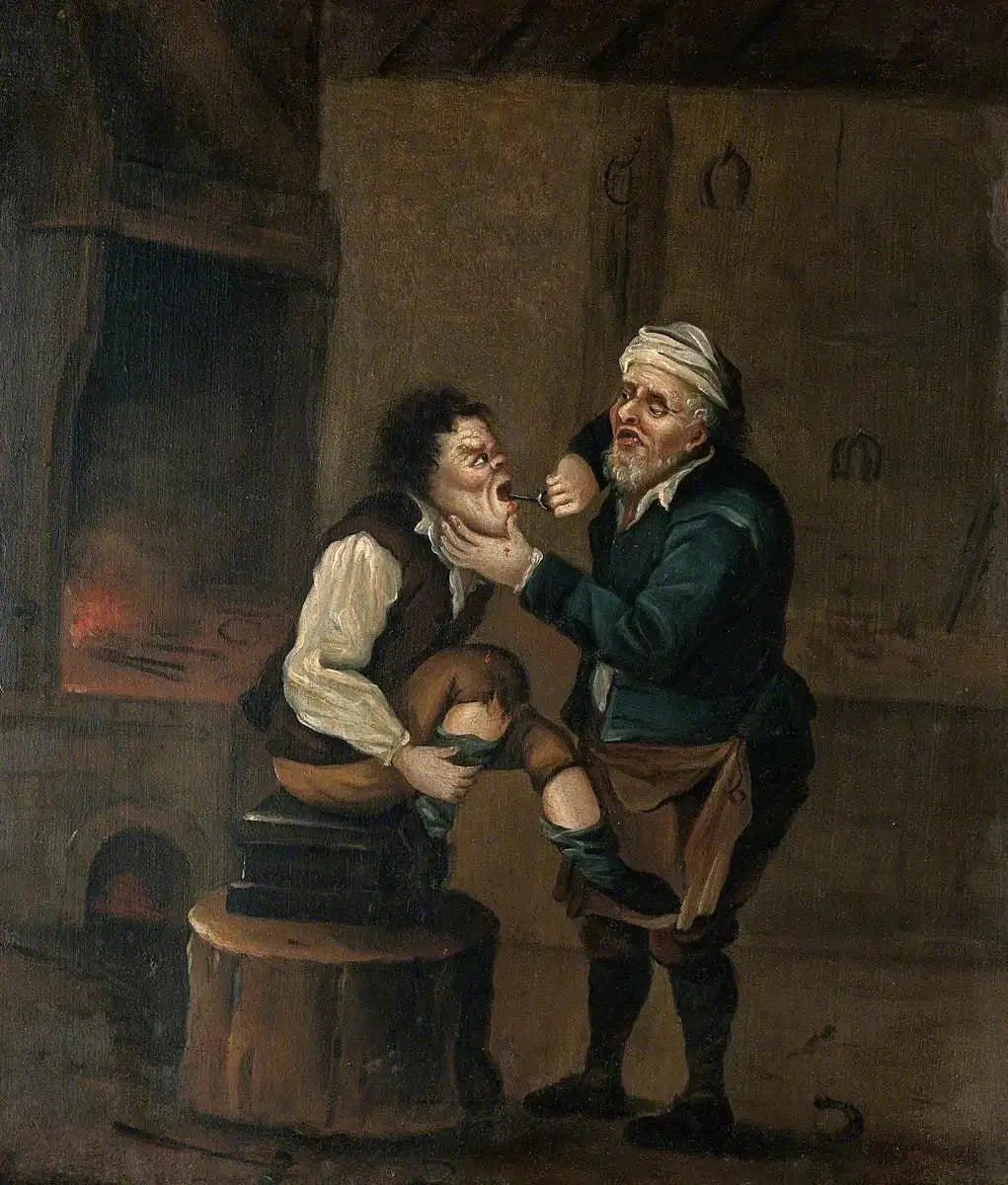 Un maréchal-ferrant extrait une dent de la bouche d'un homme - David Teniers le Jeune image 1 tableau peint à l’huile sur toile