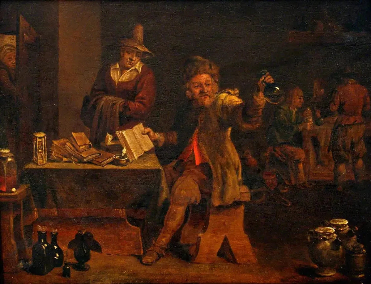 Un médecin examine l'urine apportée par une patiente - David Teniers le Jeune image 1 copie de tableau peinte à la main