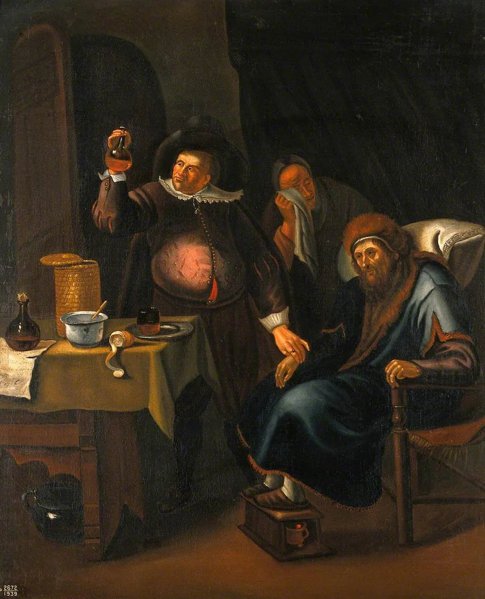 Un médecin examine l'urine et prend le pouls d'un homme âgé. - Jan Steen image 1 copie peinte à la main à l’huile