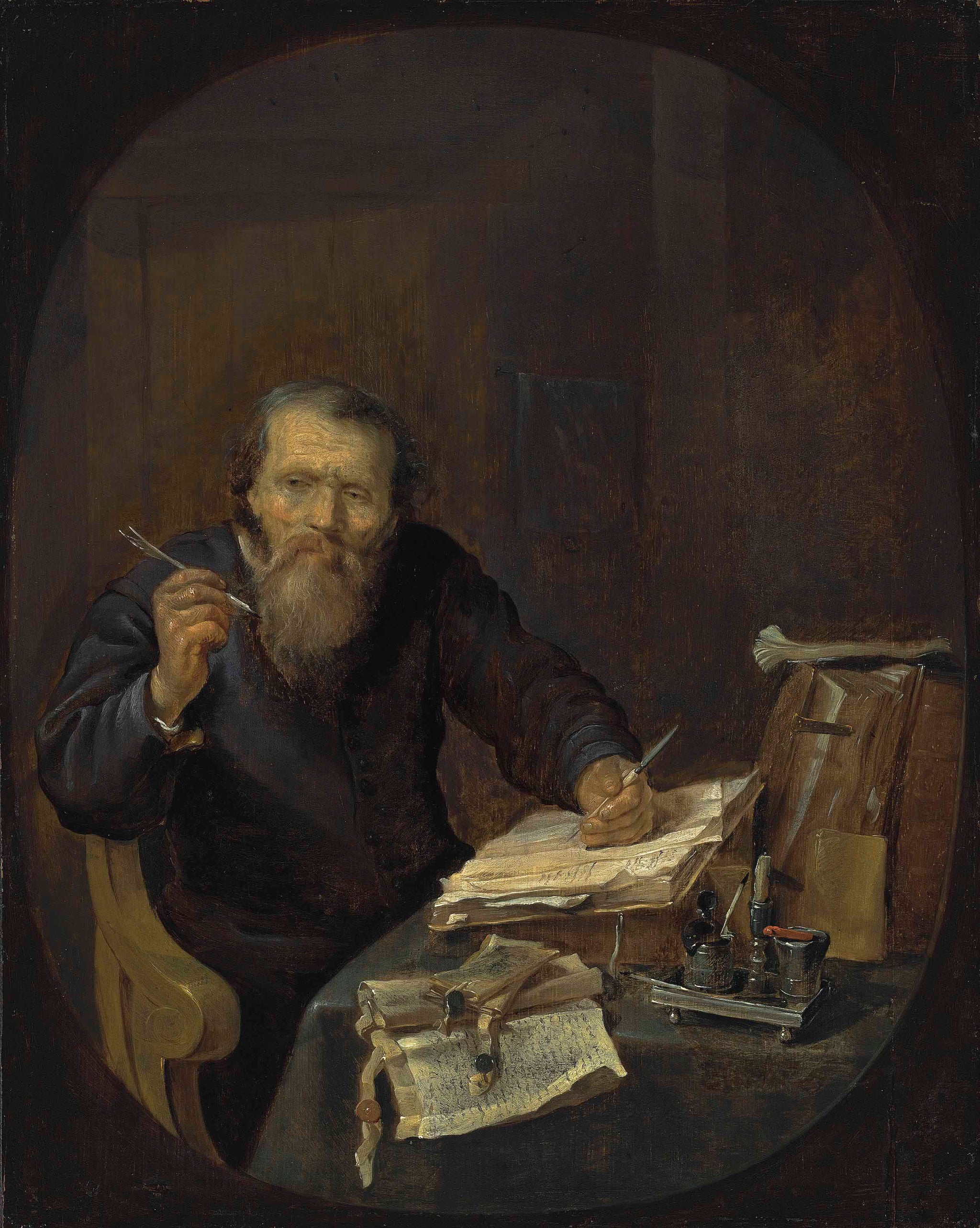 Un notaire aiguisant sa plume, dans un intérieur - Gabriel Metsu image 1 copie peinte à la main à l’huile