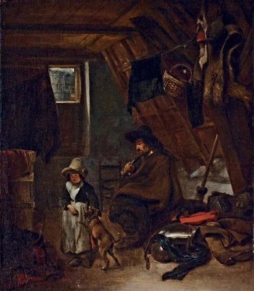 Un officier fumant la pipe et une jeune fille avec un chien dans une chambre mansardée - Gerard ter Borch