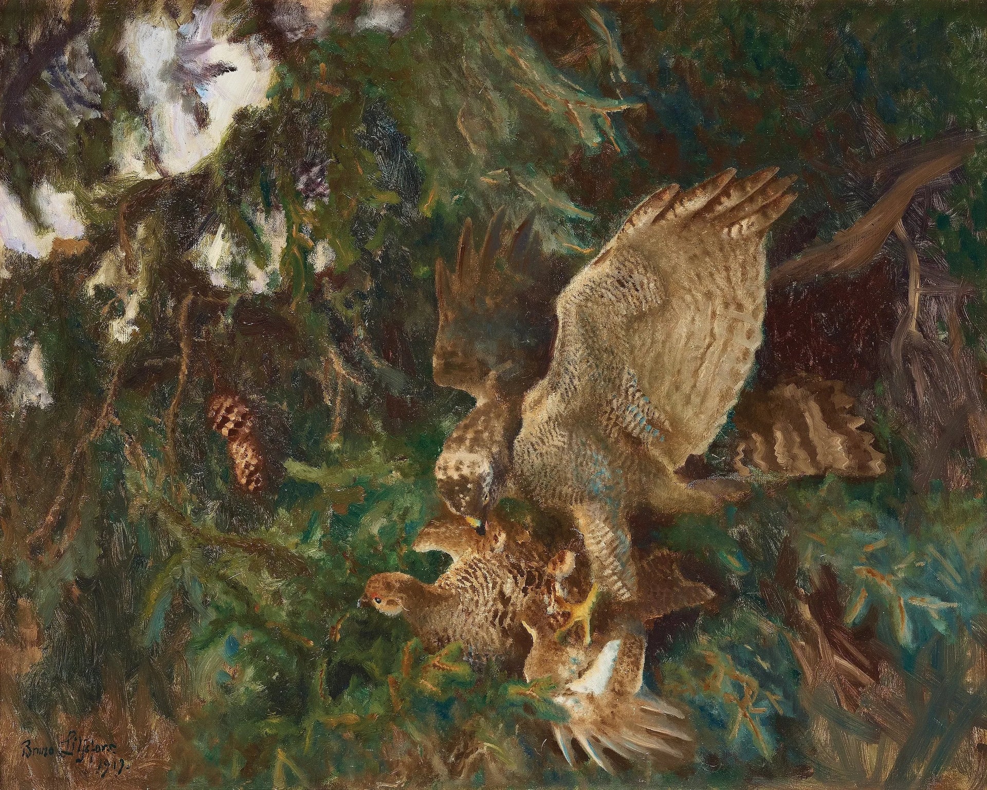 Un oiseau de proie frappe sa proie - Bruno Liljefors image 1 copie peinte à la main à l’huile
