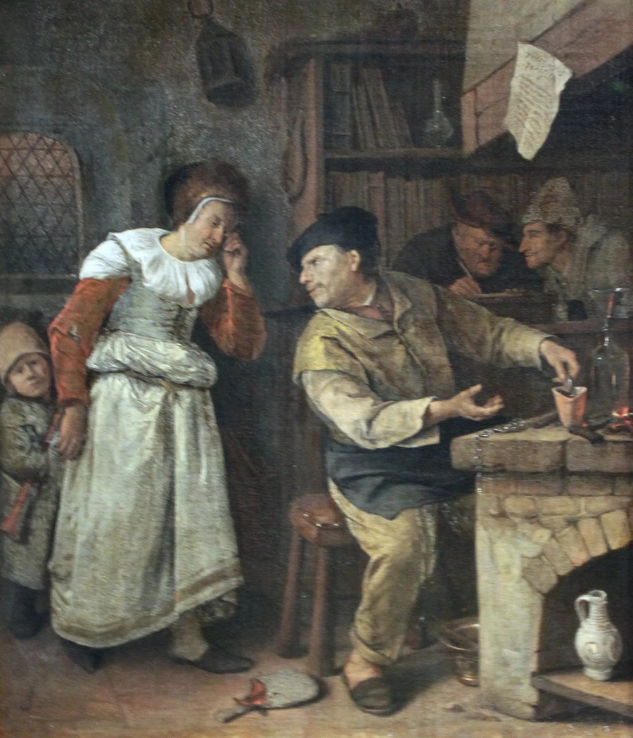 Un orfèvre fondant les bijoux d'une femme en présence d'un notaire, L'Alchimiste - Jan Steen