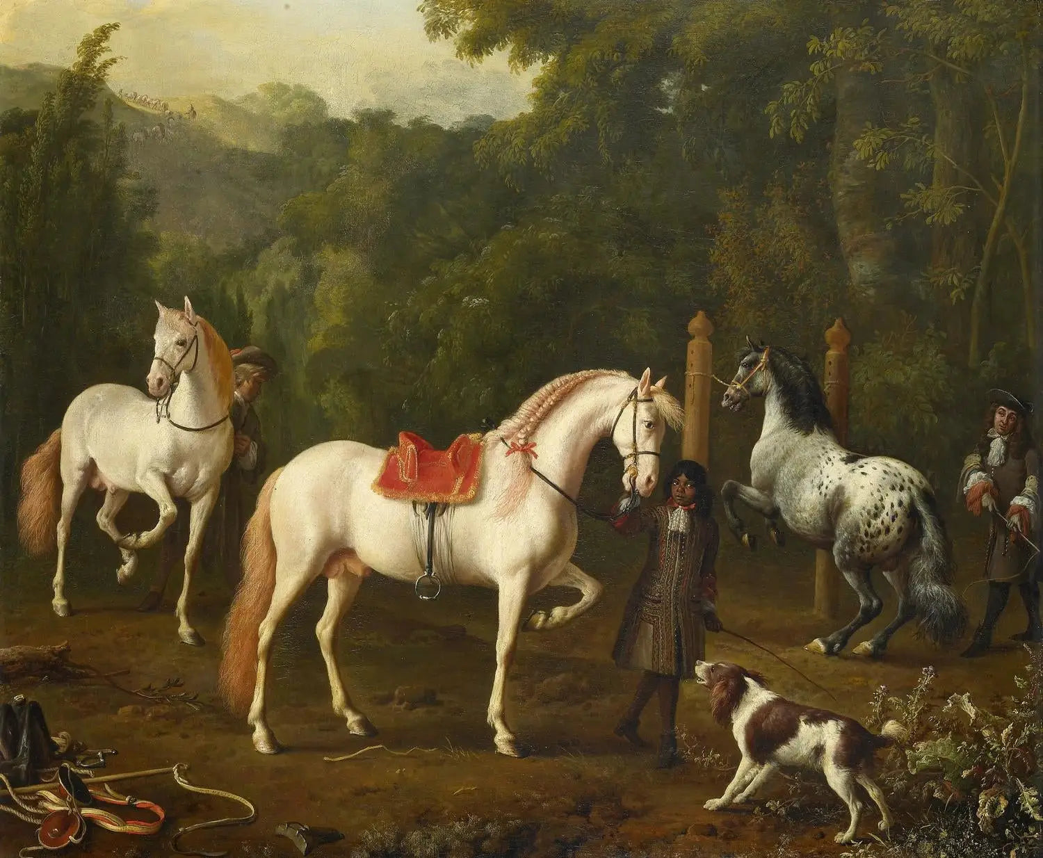 Un palefrenier assistant un maître d'équitation au manège - Melchior de Hondecoeter image 1 reproduction artisanale de tableau