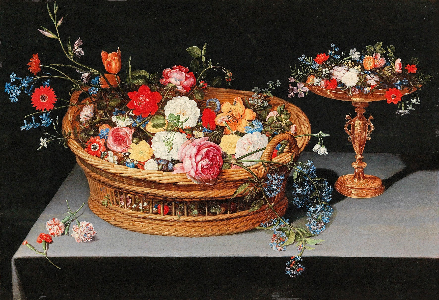 Un panier de fleurs mélangées avec une tasse à proximité - Jan Brueghel le Jeune image 1 reproduction réalisée par Alpha Reproduction