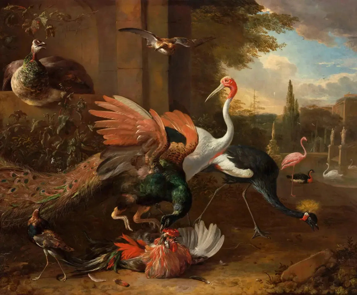 Un paon attaquant un coq - Melchior de Hondecoeter image 1 reproduction de peinture à l’huile