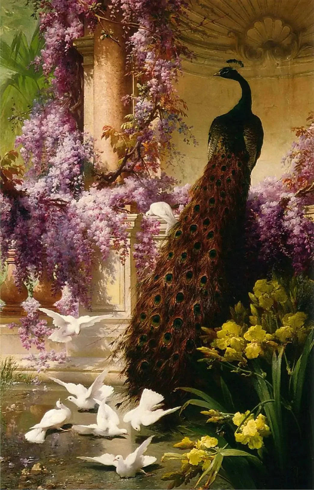 Un paon et des colombes dans un jardin - Eugène Bidau image 1 tableau peint à l’huile sur toile