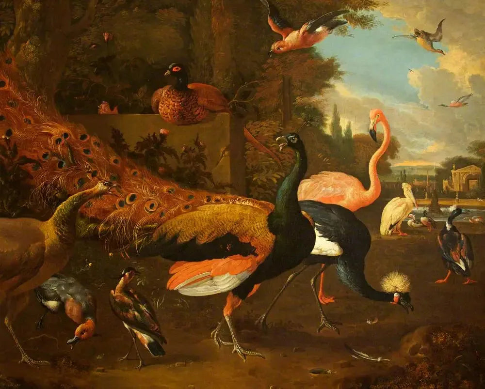 Un paon et une paonne avec une grue, un flamant rose, un pélican et d'autres oiseaux, dans un parc - Melchior de Hondecoeter image 1 reproduction d’œuvre d’art à l’huile