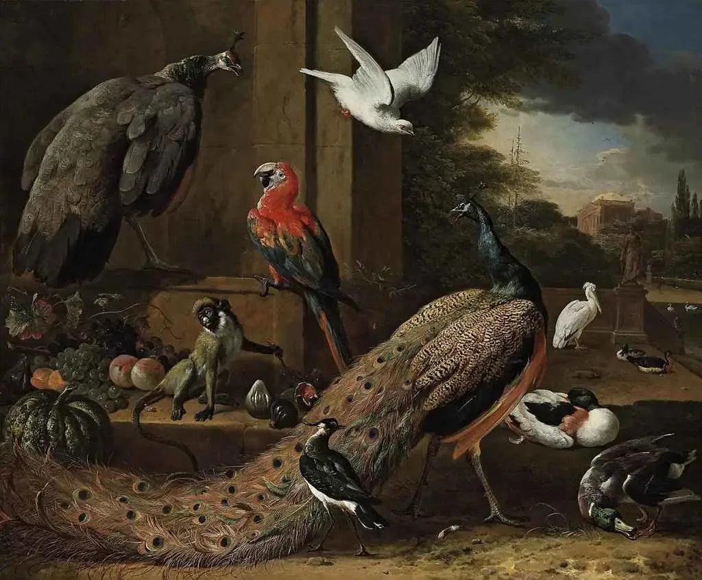 Un paon, une paonne, un singe et d'autres oiseaux sur une terrasse - Melchior de Hondecoeter image 1 copie de tableau peinte à la main