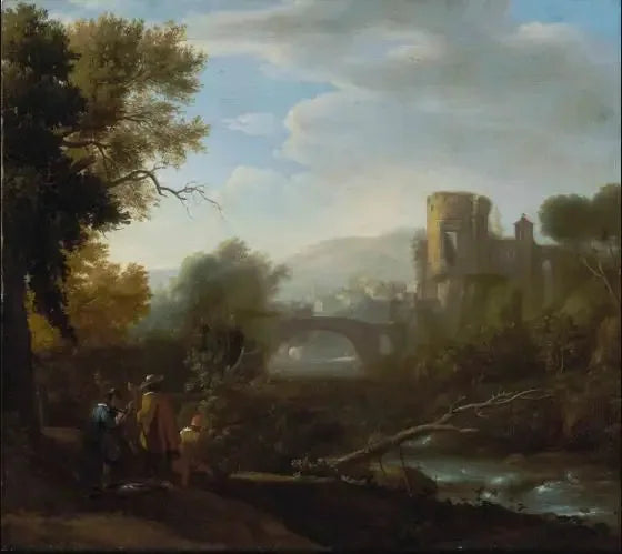 Un paysage avec Tivoli et le temple de Vesta, des chasseurs et un artiste dessinant au premier plan - Claude Lorrain image 1 reproduction de peinture à l’huile