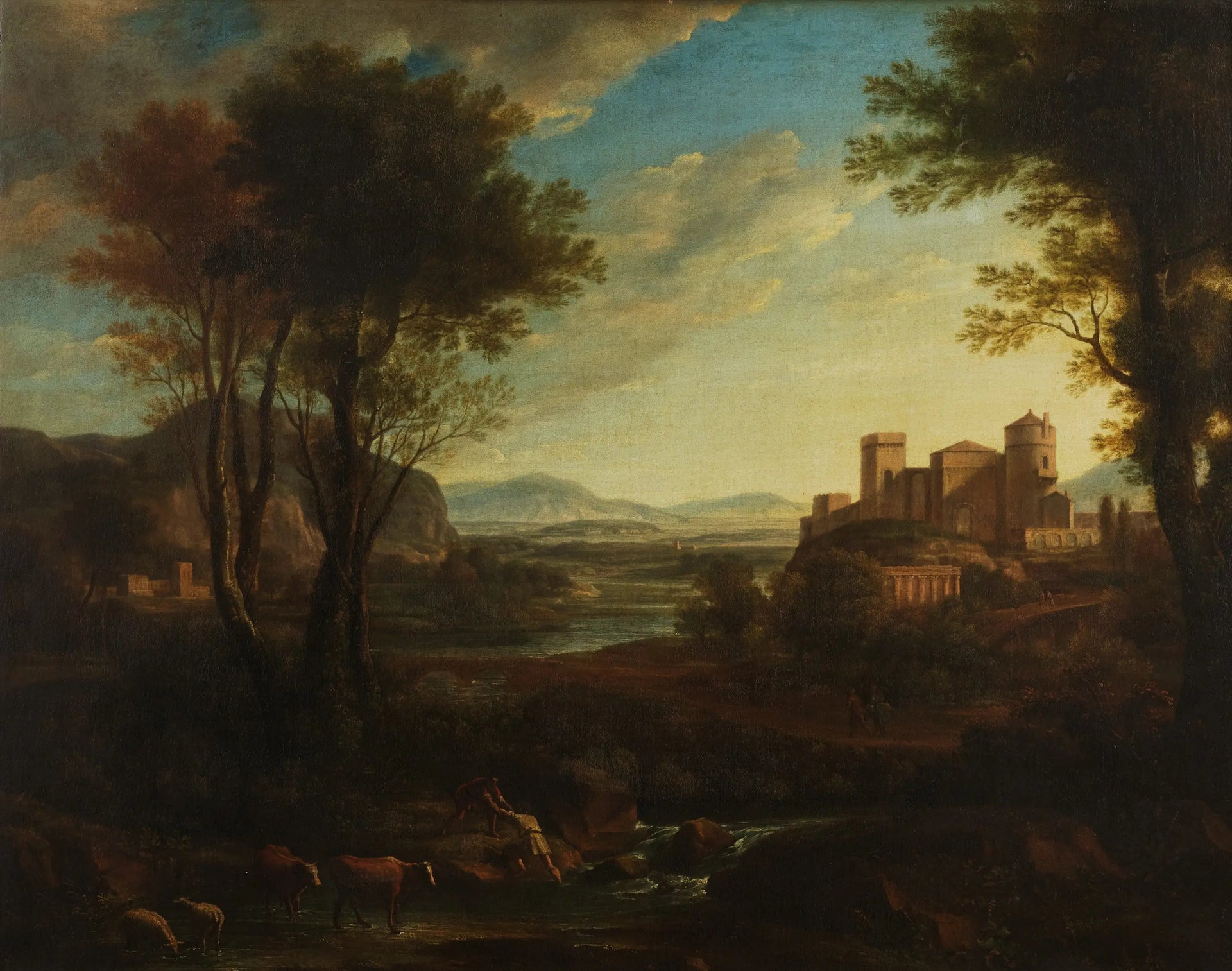 Un paysage classique avec des personnages traversant un ruisseau - Claude Lorrain image 1 copie de tableau peinte à la main