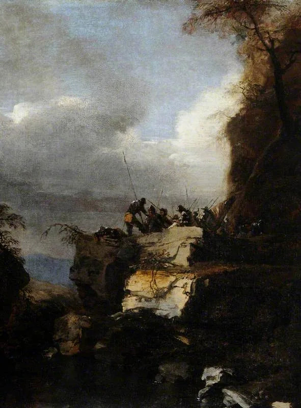 Un paysage du Sud avec des soldats - Salvator Rosa image 1 reproduction artisanale de tableau
