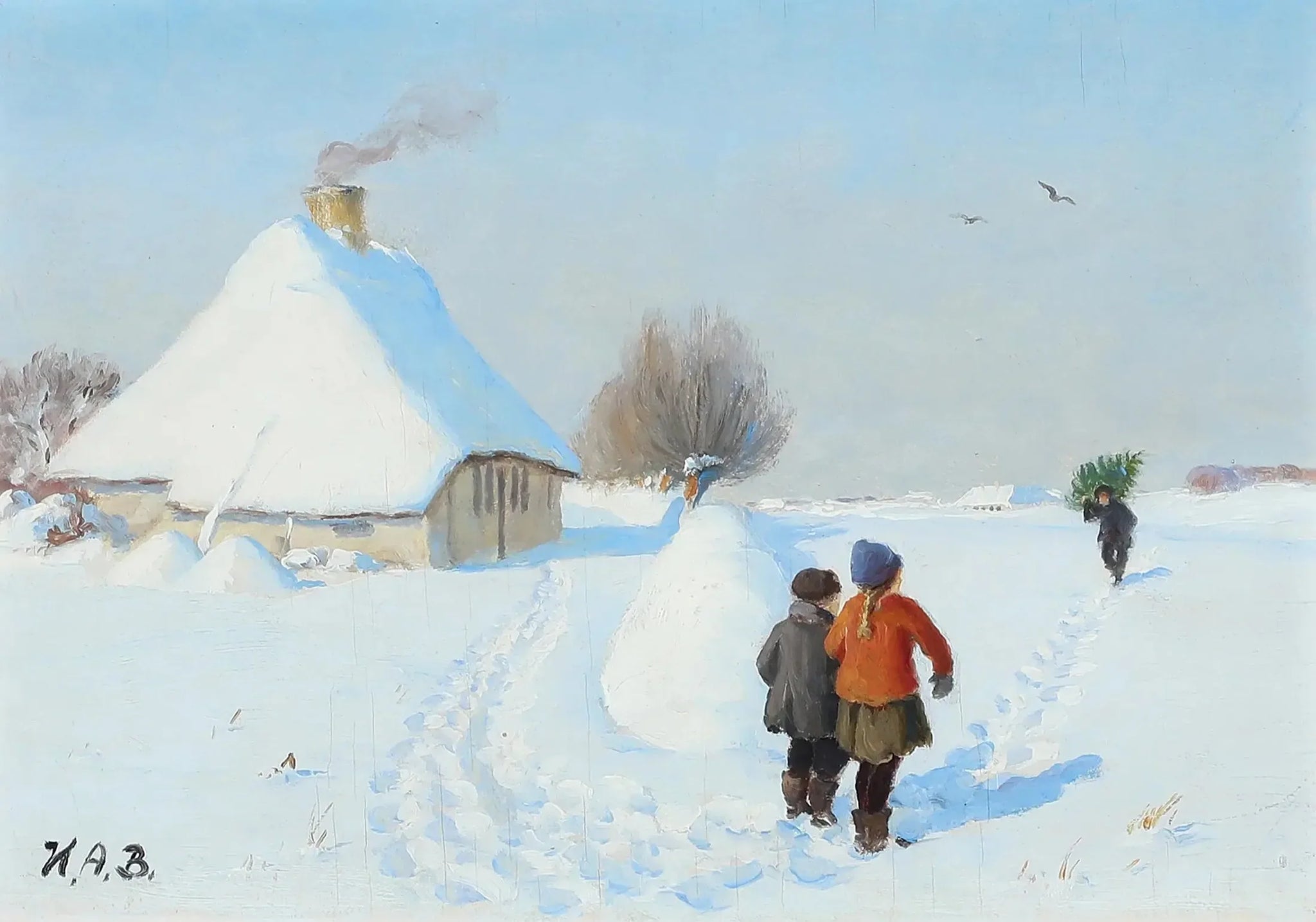Un paysage enneigé avec deux enfants dans la neige. - H. A. Brendekilde image 1 reproduction d’œuvre d’art à l’huile
