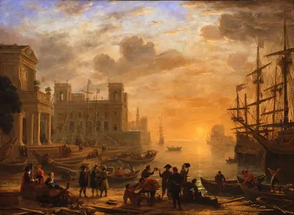 Un paysage portuaire au coucher du soleil - Claude Lorrain image 1 copie de tableau peinte à la main