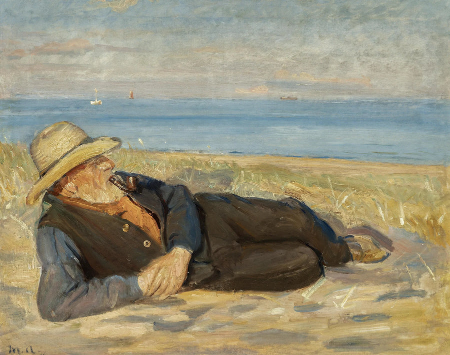Un pêcheur de Skagen allongé sur la plage au soleil couchant. - Michael Peter Ancher