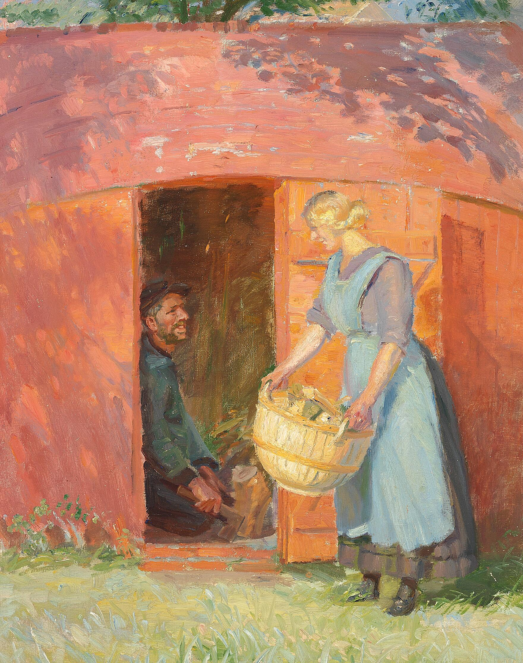 Un pêcheur de Skagen, dans une cabane construite à partir d'un vieux bateau, courtise une jeune femme. - Anna Ancher image 1 reproduction artisanale de tableau