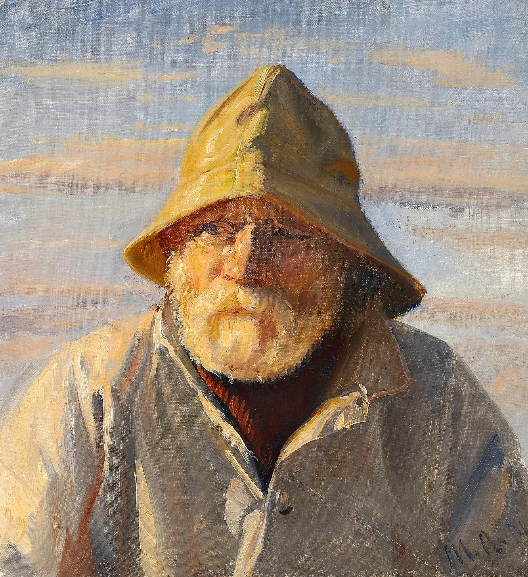 Un pêcheur de Skagen portant un ciré jaune. - Michael Peter Ancher image 1 copie de tableau peinte à la main