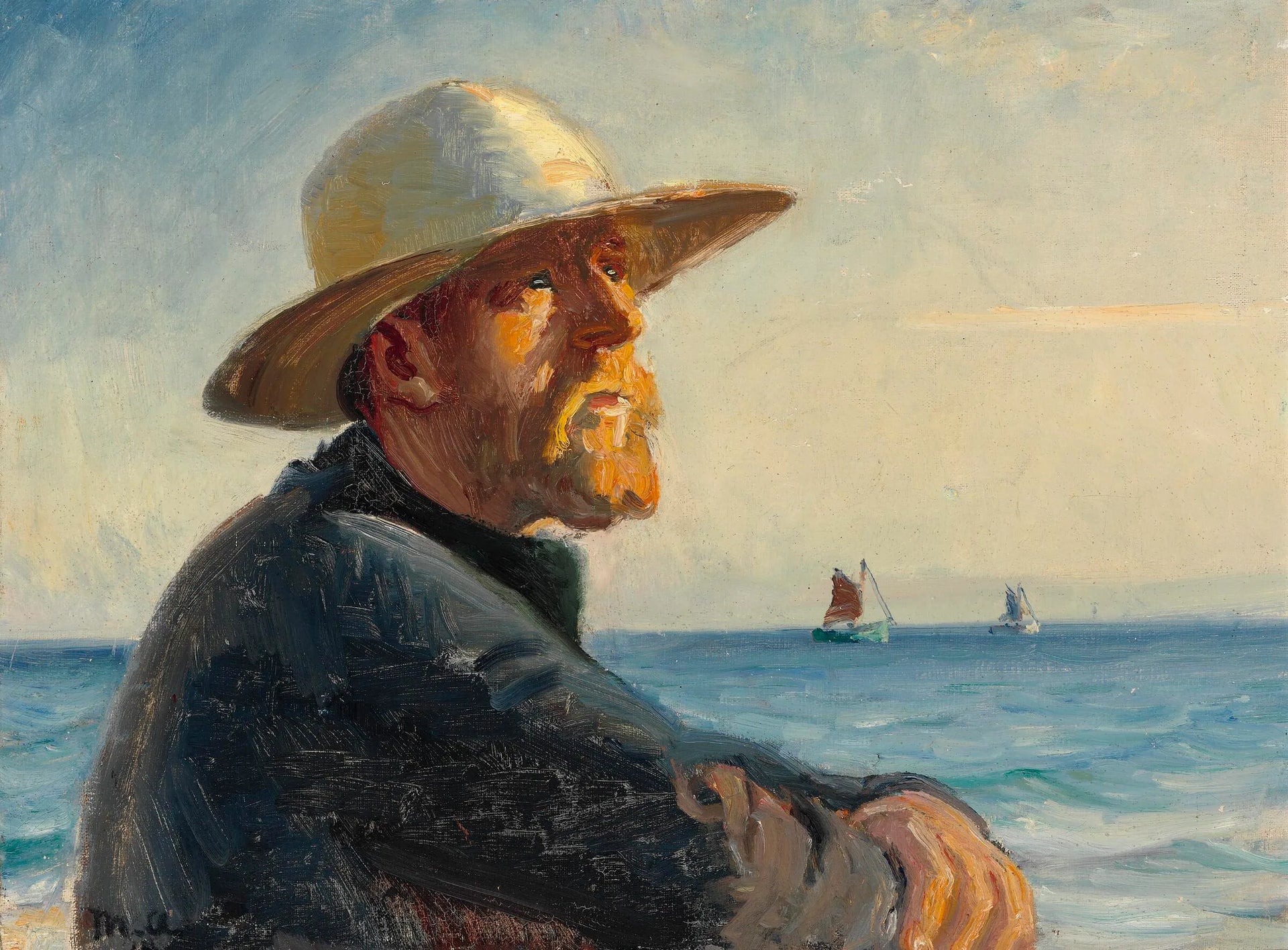 Un pêcheur de Skagen se tient au soleil sur la plage. - Michael Peter Ancher image 1 tableau peint à l’huile sur toile