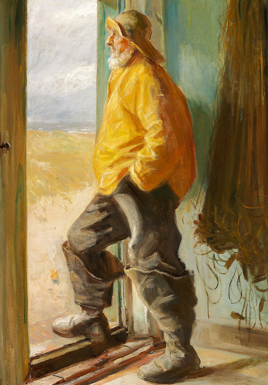 Un pêcheur de Skagen se tient devant une porte. - Michael Peter Ancher