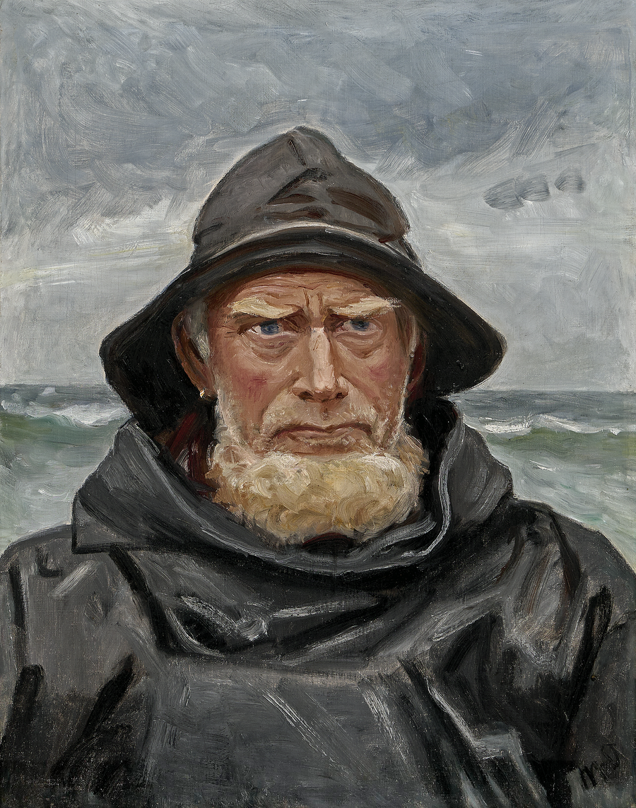 Un pêcheur de Skagen, vêtu d'un ciré, se tient au bord de la mer par temps couvert. - Michael Peter Ancher
