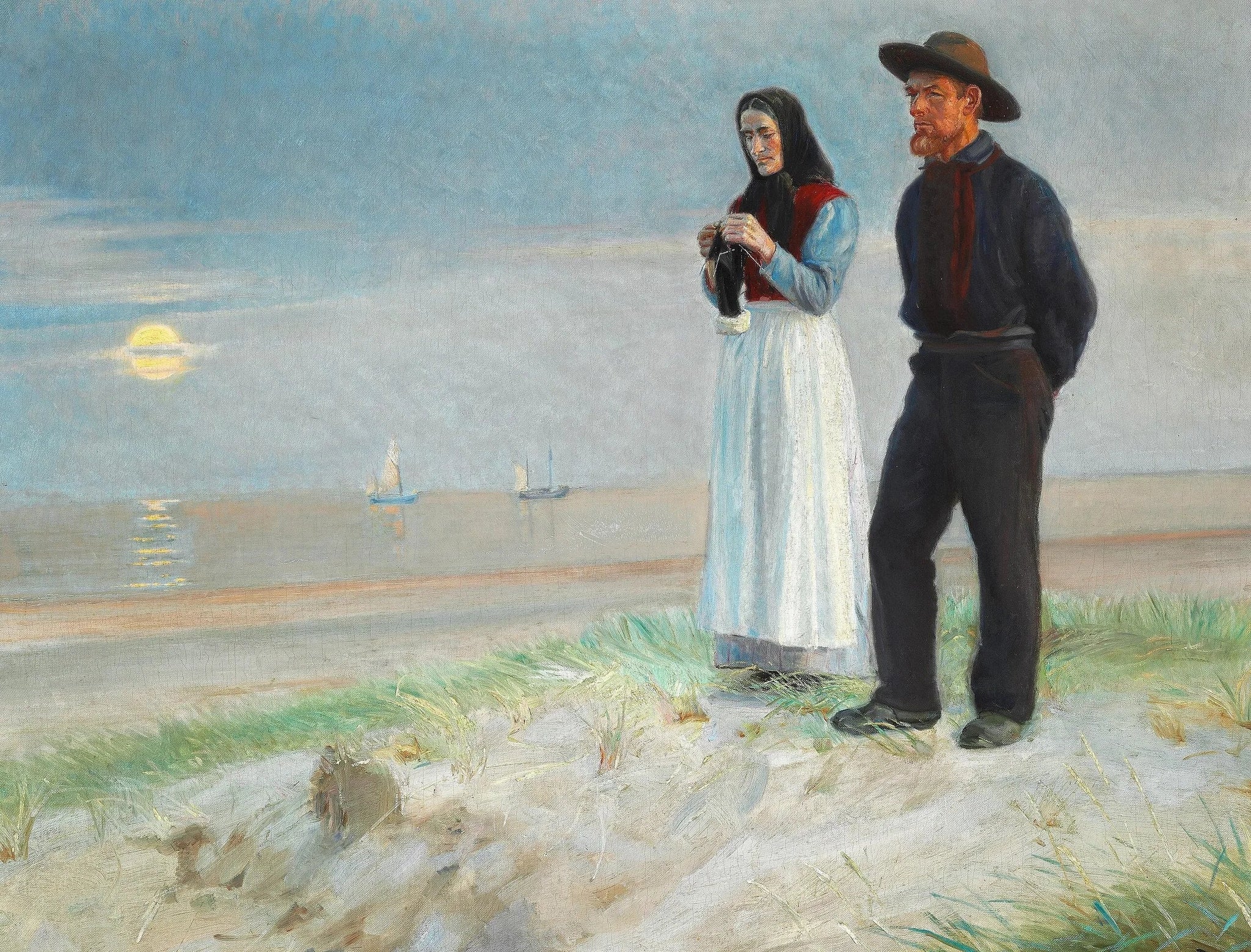 Un pêcheur et sa femme sur la plage, au coucher du soleil. - Michael Peter Ancher image 1 reproduction artisanale de tableau