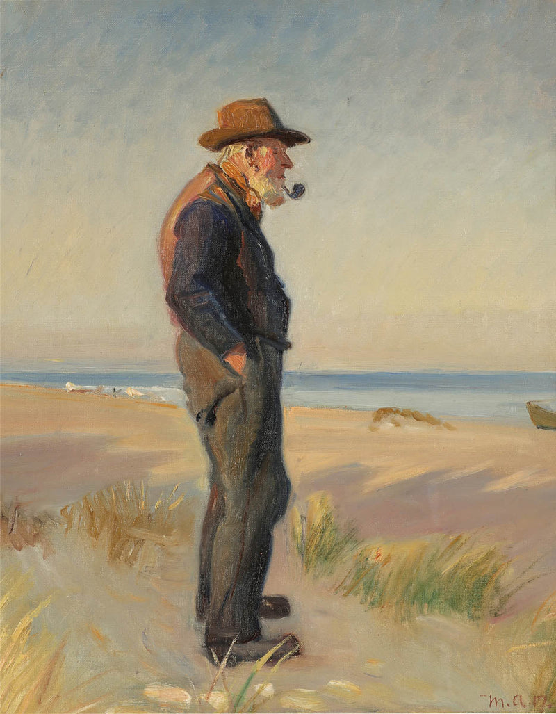 Un pêcheur fumant sa pipe sur la plage de Skagen. - Michael Peter Ancher