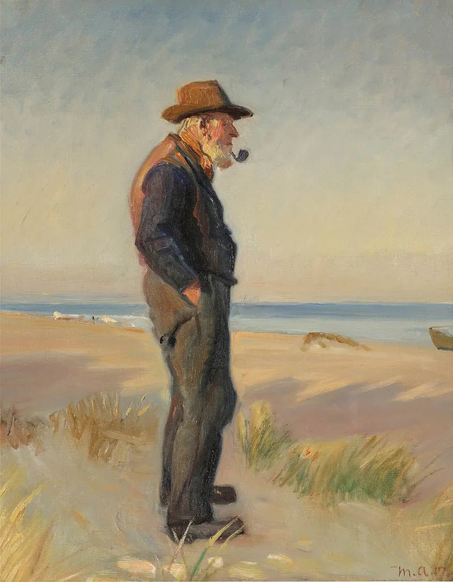 Un pêcheur fumant sa pipe sur la plage de Skagen. - Michael Peter Ancher image 1 copie de tableau peinte à la main