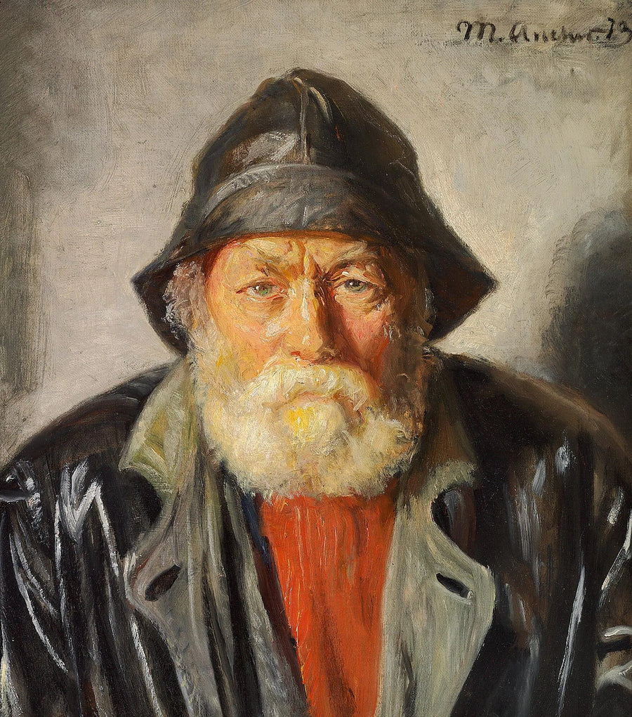 Un pêcheur portant un ciré et un manteau noirs, ainsi qu'un pull rouge. - Michael Peter Ancher